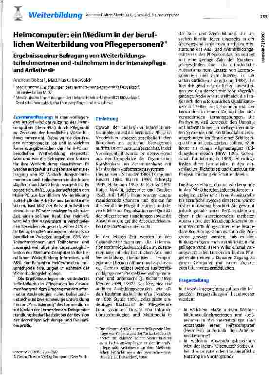 Vorschauseite 1: Heimcomputer: ein Medium in der beruflichen Weiterbildung von Pflegepersonen?