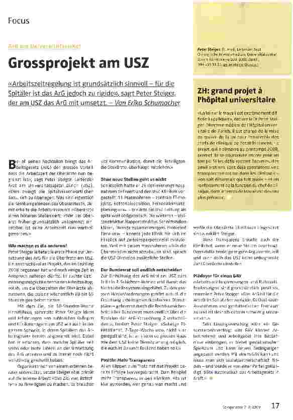 Vorschauseite 1: Grossprojekt am USZ