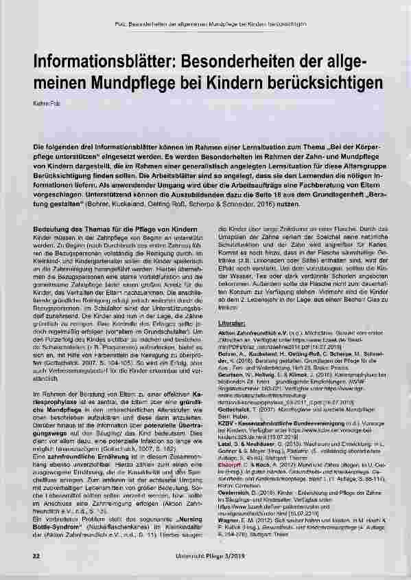 Vorschauseite 1: Informationsblätter: Besonderheiten der allgemeinen Mundpflege bei Kindern berücksichtigen