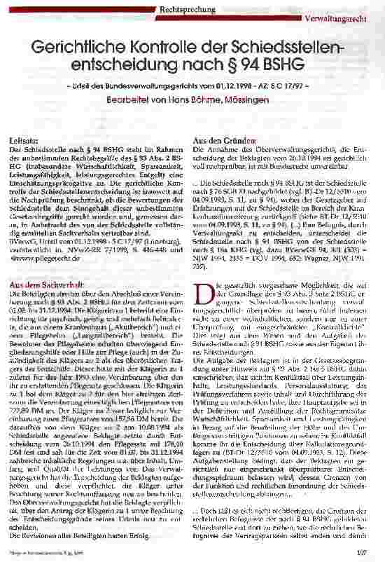 Vorschauseite 1: Gerichtliche Kontrolle der Schiedsstellenentscheidung nch § 94 BSHG