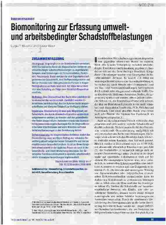 Vorschauseite 1: Biomonitoring zur Erfassung umweltund arbeitsbedingter Schadstoffbelastungen