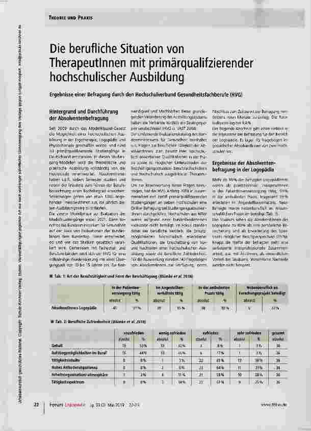 Vorschauseite 1: Die berufliche Situation von Therapeutinnen mit primärqualifzierender hochschulischer Ausbildung
