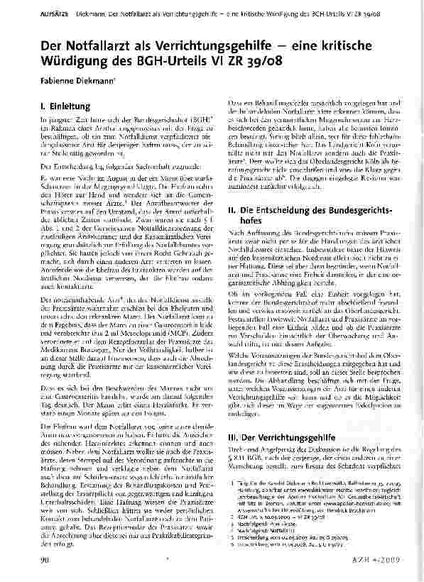 Vorschauseite 1: Der Notfallarzt als Verrichtungsgehilfe - eine kritische Würdigung des BGH-Urteils VI ZR 39/08