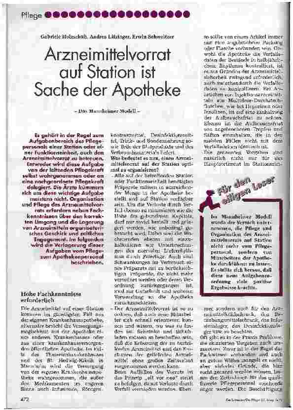 Vorschauseite 1: Arzneimittelvorrat auf Station ist Sache der Apotheke Das Mannheimer Modell