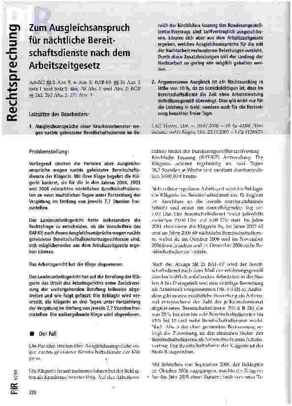 Vorschauseite 1: Zum Ausgleichsanspruch für nächtliche Bereit- Schaftsdienste nach dem Arbeitszeitgesetz