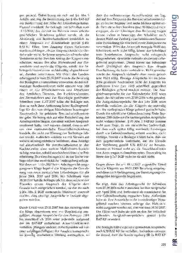 Vorschauseite 2: Zum Ausgleichsanspruch für nächtliche Bereit- Schaftsdienste nach dem Arbeitszeitgesetz