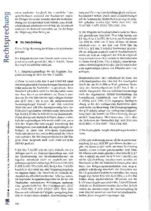 Vorschauseite 3: Zum Ausgleichsanspruch für nächtliche Bereit- Schaftsdienste nach dem Arbeitszeitgesetz