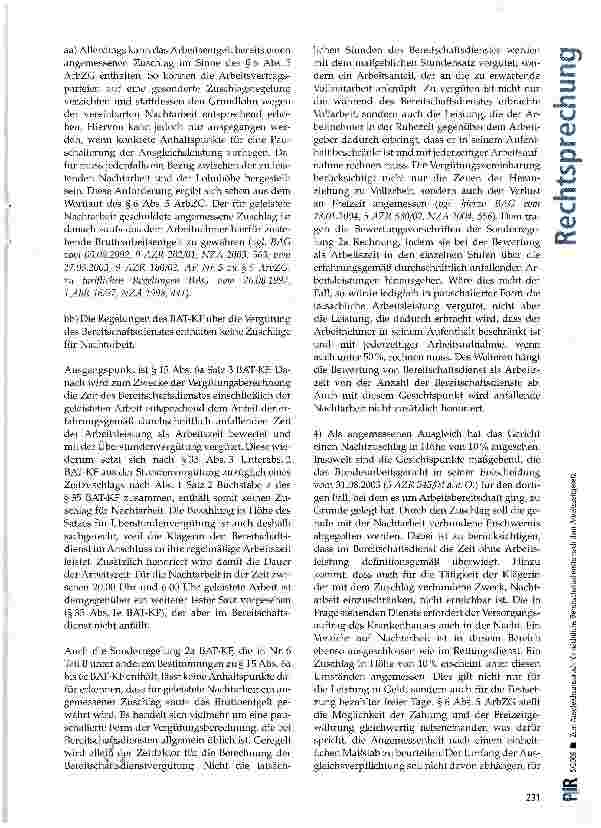Vorschauseite 4: Zum Ausgleichsanspruch für nächtliche Bereit- Schaftsdienste nach dem Arbeitszeitgesetz