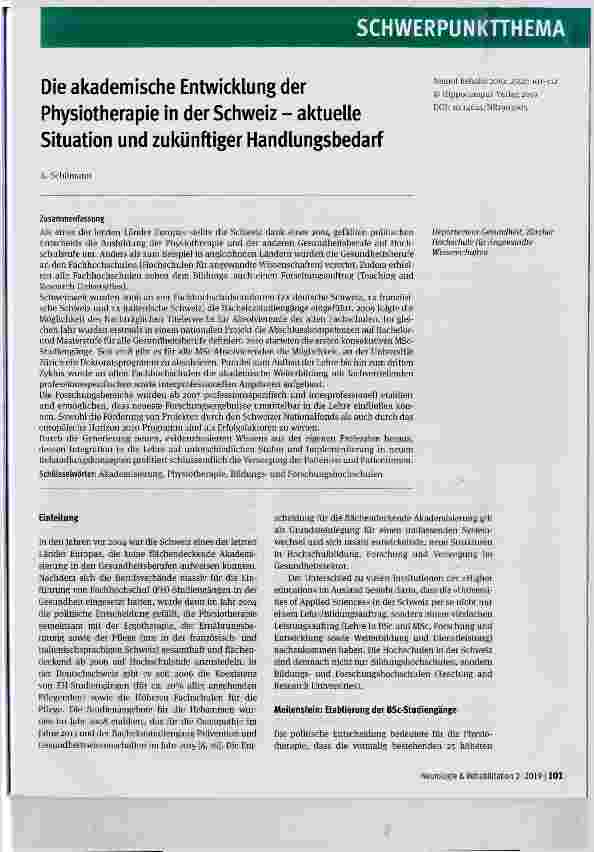 Vorschauseite 1: Die akademische Entwicklung der Physiotherapie in der Schweiz - aktuelle Situation und zukünftiger Handlungsbedarf