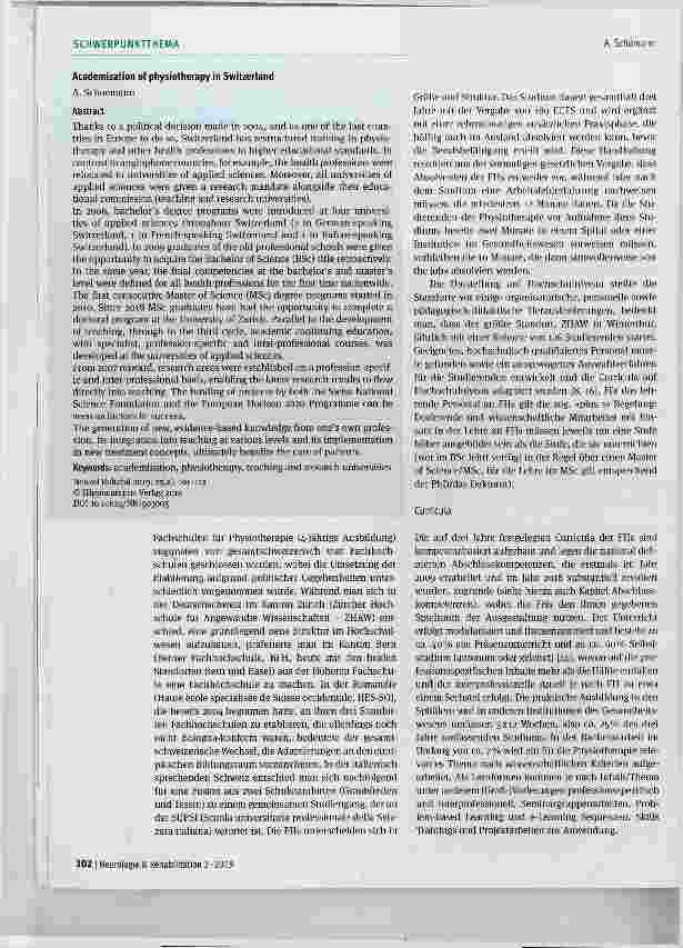 Vorschauseite 2: Die akademische Entwicklung der Physiotherapie in der Schweiz - aktuelle Situation und zukünftiger Handlungsbedarf