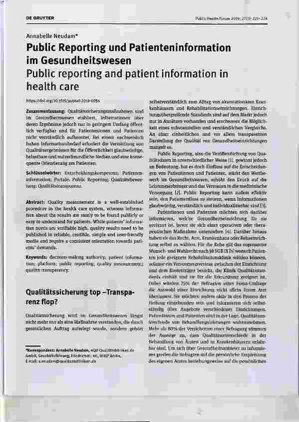 Vorschauseite 1: Public Reporting und Patienteninformation im Gesundheitswesen