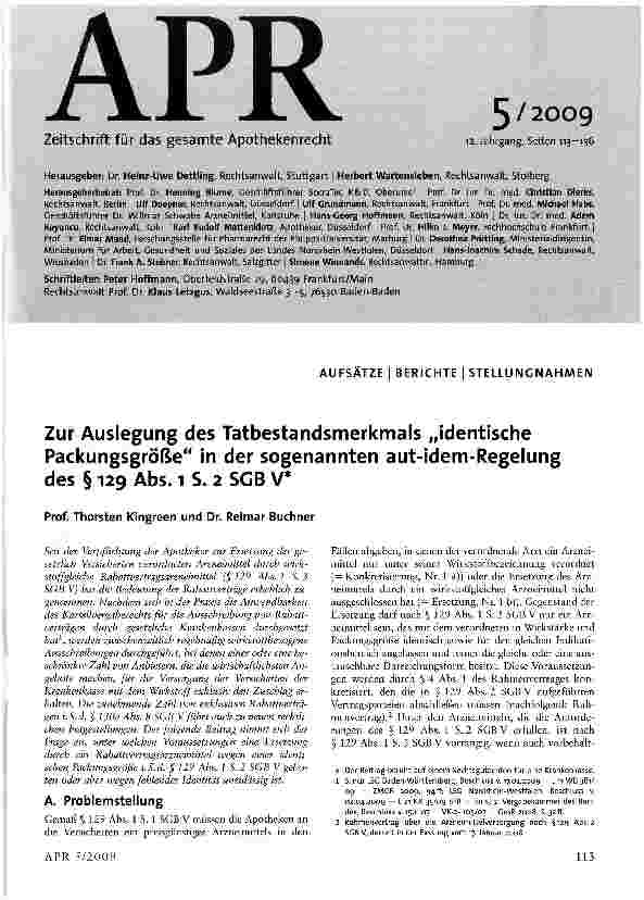 Vorschauseite 1: Zur Auslegung des Tatbestandsmerkmals „identische Packungsgröße in der sogenannten aut-idem-Regelung des § 129 Abs. i S. 2 SGB V