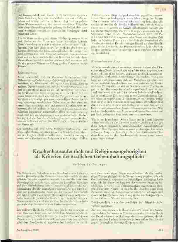 Vorschauseite 1: Krankenhausaufenthalt u. Religionspflicht als Kriterien der ärztlichen Geheimhaltungspflicht