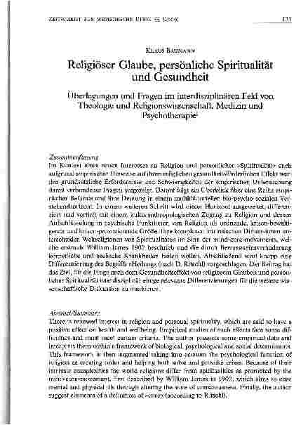 Vorschauseite 1: Religiöser Glaube, persönliche Spiritualität und Gesundheit