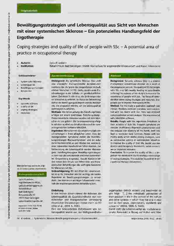Vorschauseite 1: Bewältigungsstrategien und Lebensqualität aus Sicht von Menschen mit einer systemischen Sklerose Ein potenzielles Handlungsfeld der Ergotherapie