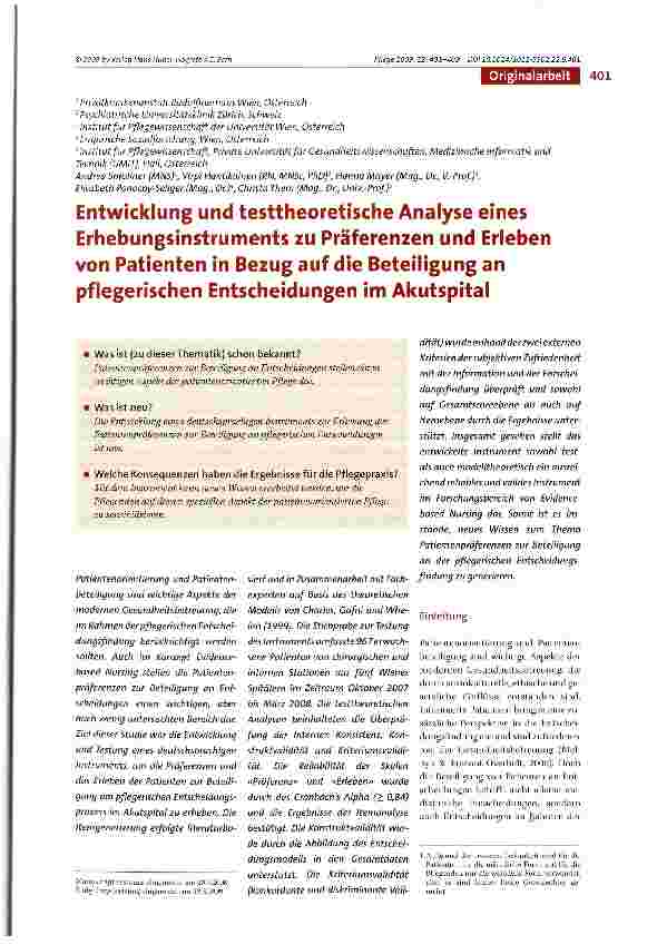 Vorschauseite 1: Entwicklung und testtheoretische Analyse eines Erhebungsinstruments zu Präferenzen und Erleben von Patienten in Bezug auf die Beteiligung an pflegerischen Entscheidungen im Akutsp…