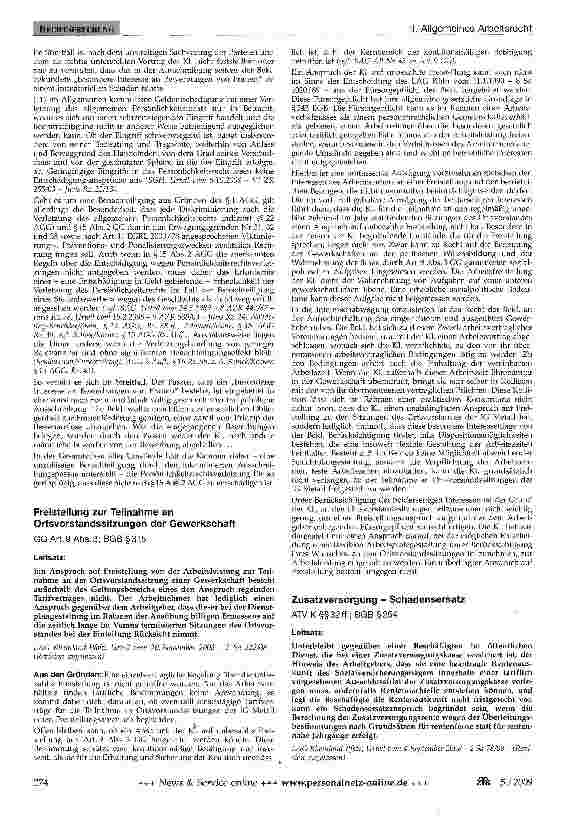 Vorschauseite 1: Freistellung zur Teilnahme an Ortsvorstandssitzungen der Gewerkschaft GG Art. 9 Abs. 3; BGB §315