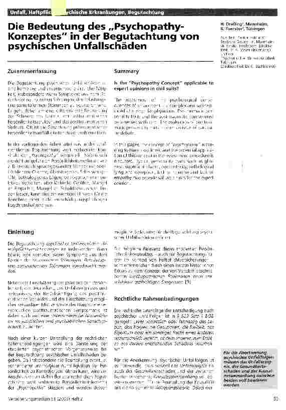 Vorschauseite 1: Unfall, Haftpflicht, Psychische Erkrankungen, BegutachtungDie Bedeutung des „Psychopathy-Konzeptes in der Begutachtung von psychischen Unfallschäden