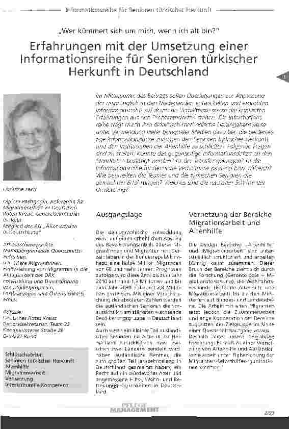 Vorschauseite 1: Erfahrungen mit der Umsetzung einer Informationsreihe für Senioren türkischer Herkunft in Deutschland Wer kümmert sich um mich, wenn ich alt bin?