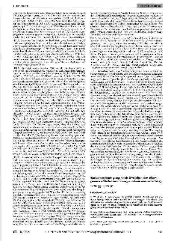 Vorschauseite 1: Weiterbeschäftigung nach Erreichen der Altersgrenze - Stufenzuordnung - Jahressonderzahlung
