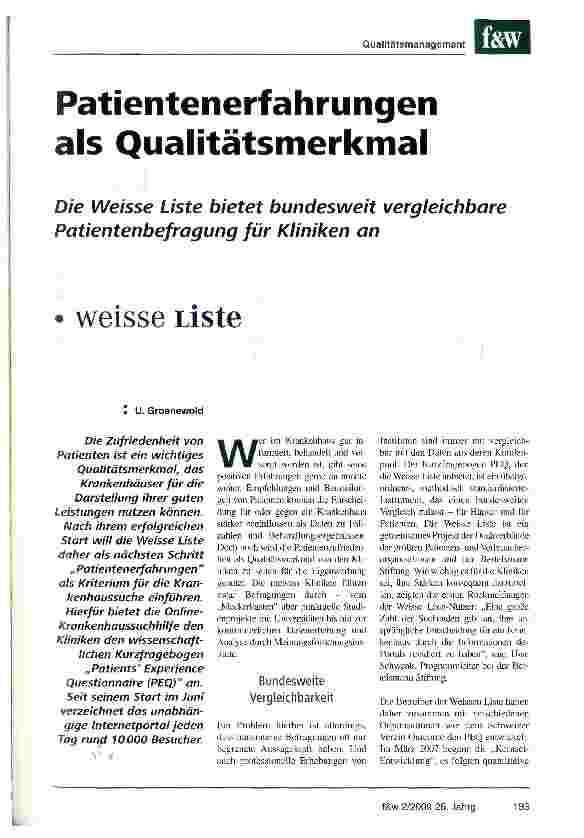 Vorschauseite 1: Patientenerfahrungen als Qualitätsmerkmal