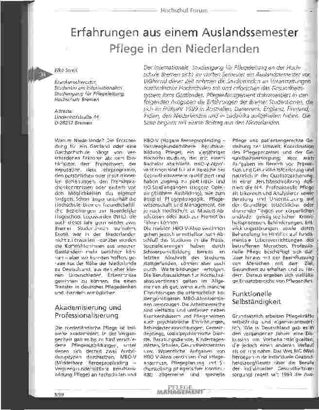 Vorschauseite 1: Erfahrungen aus einem Auslandssemester Pflege in den Niederlanden