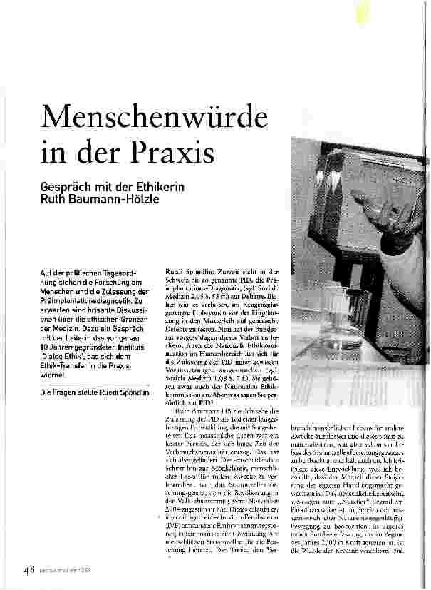 Vorschauseite 1: Menschenwürde in der PraxisGespräch mit der Ethikerin Ruth Baumann-Hölzle