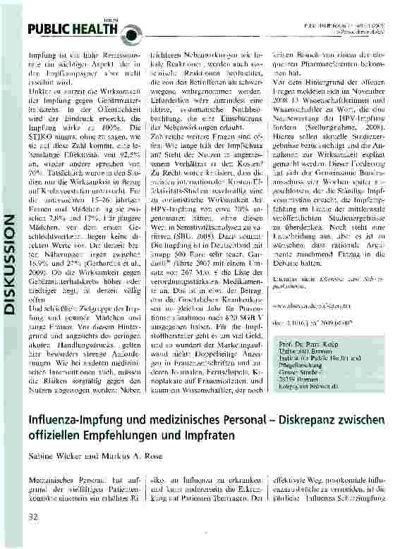 Vorschauseite 1: Influenza-Impfung und medizinisches Personal - Diskrepanz zwischen offiziellen Empfehlungen und Impfraten
