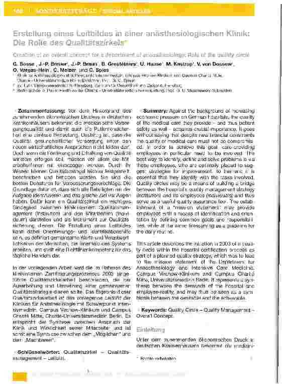 Vorschauseite 1: Erstellung eines Leitbildes in einer anästhesiologischen Klinik: Die Rolle des Qualitätszirkels