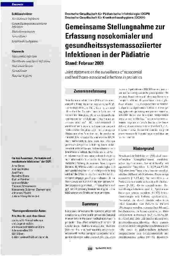 Vorschauseite 1: Gemeinsame Stellungnahme zur Erfassung nosokomialer und gesundheitssystemassoziierter Infektionen in der Pädiatrie