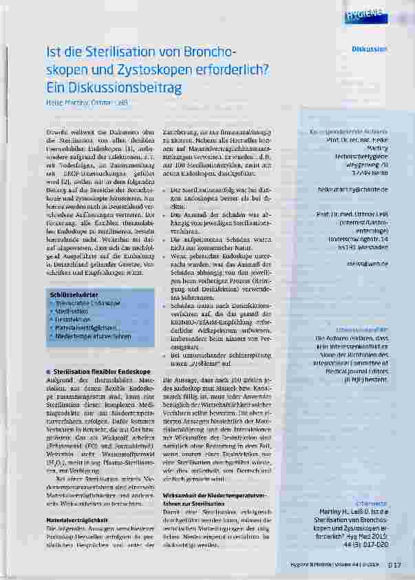 Vorschauseite 1: Ist die Sterilisation von Bronchoskopen und Zystoskopen erforderlich? Ein Diskussionsbeitrag