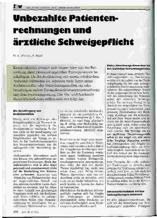 Vorschauseite 1: Unbezahlte Patientenrechnungen und ärztliche Schweigepflicht