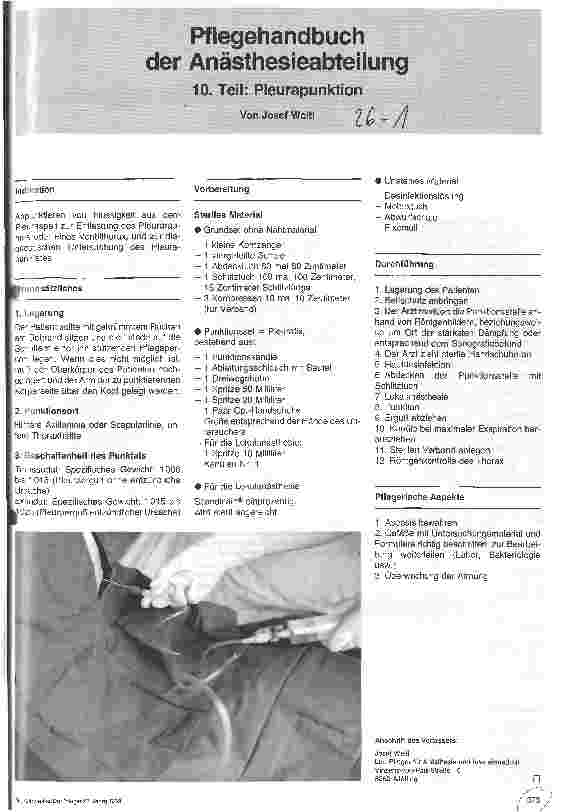 Vorschauseite 1: Pflegehandbuch der Anästhesieabteilung 10. Teil: Pleurapunktion