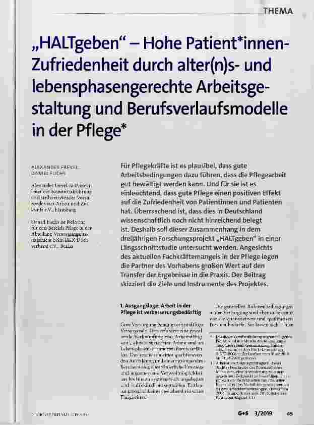 Vorschauseite 1: „HALTgeben“ Hohe Patient*innen-Zufriedenheit durch alter(n)sund lebensphasengerechte Arbeitsgestaltung und Berufsverlaufsmodelle in der Pflege*