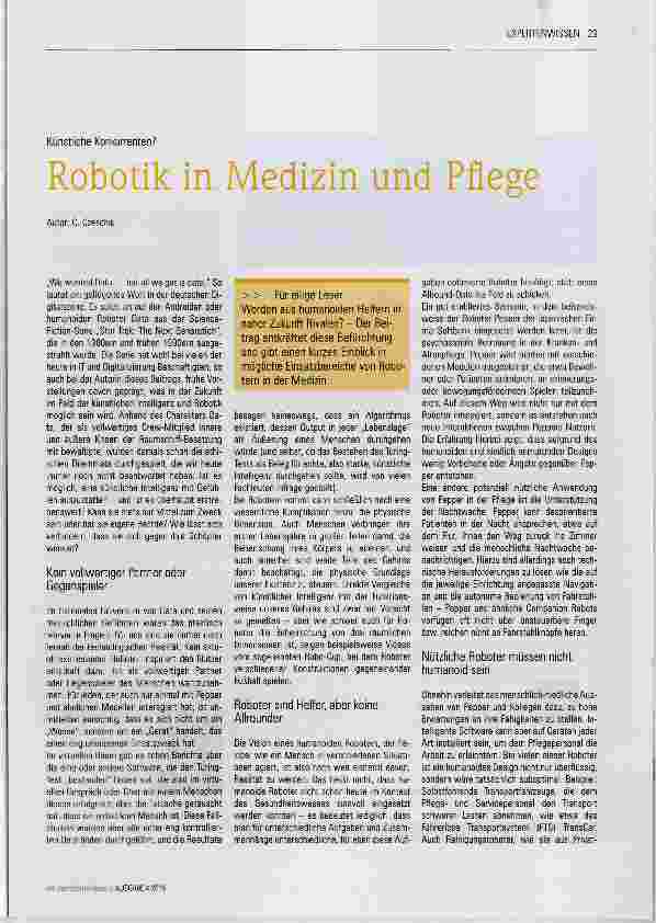 Vorschauseite 1: Robotik in Medizin und Pflege