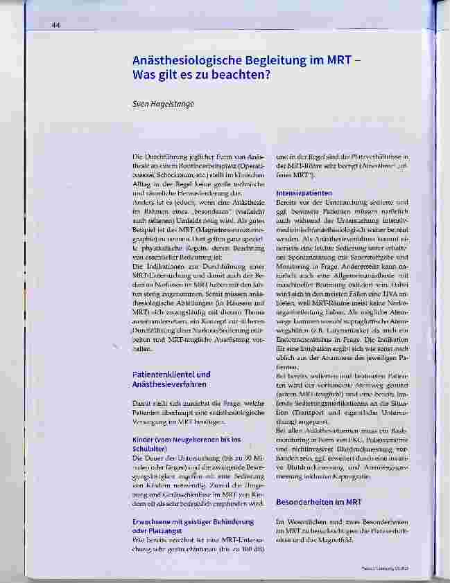 Vorschauseite 1: Anästhesiologische Begleitung im MRT Was gilt es zu beachten?