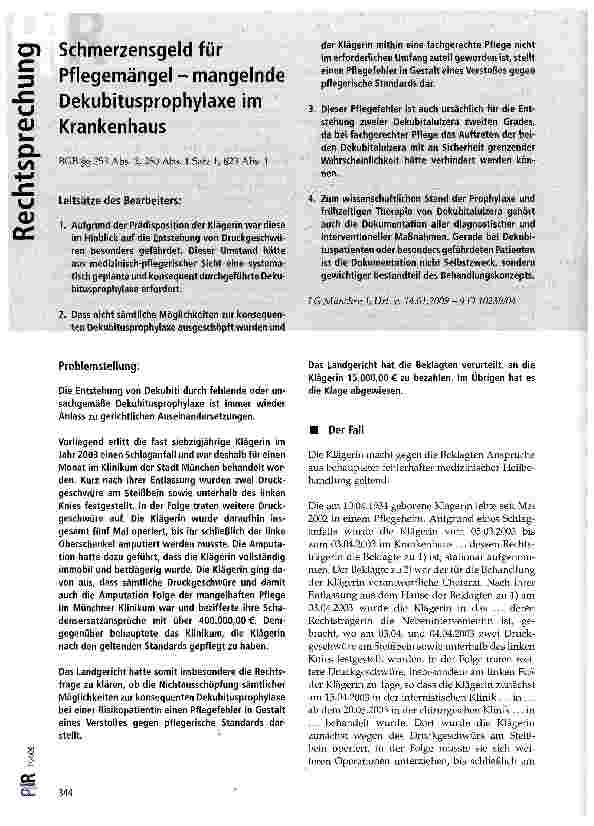 Vorschauseite 1: Schmerzensgeld für Pflegemängel - mangelnde Dekubitusprophylaxe im Krankenhaus