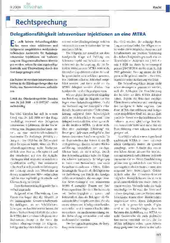 Vorschauseite 1: Delegationsfähigkeit intravenöser Injektionen an eine MTRA