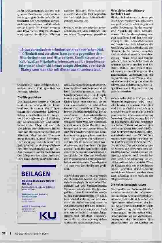 Vorschauseite 2: 35-Stunden-Woche bei vollem Gehaltsausgleich Wie der Frankfurter Rotkreuz-Kliniken e. V. seine Pflegekräfte stärkt