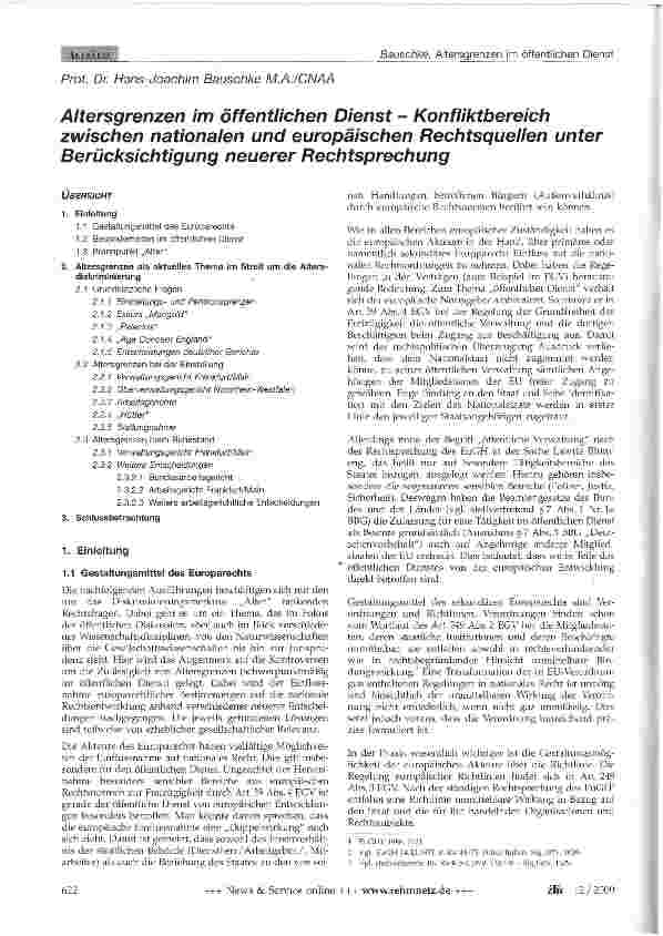 Vorschauseite 1: Altersgrenzen im öffentlichen Dienst - Konfliktbereich zwischen nationalen und europäischen Rechtsquellen unter Berücksichtigung neuerer Rechtsprechung