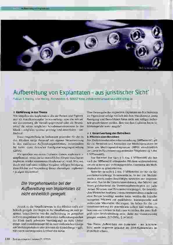 Vorschauseite 1: Aufbereitung von Explantaten aus juristischer Sicht