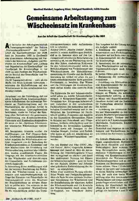 Vorschauseite 1: Gemeinsame Arbeitstagung zum Wäscheeinsatz im Krankenhaus Aus der Arbeit der Gesellschaft für Krankenpflege in der DDR