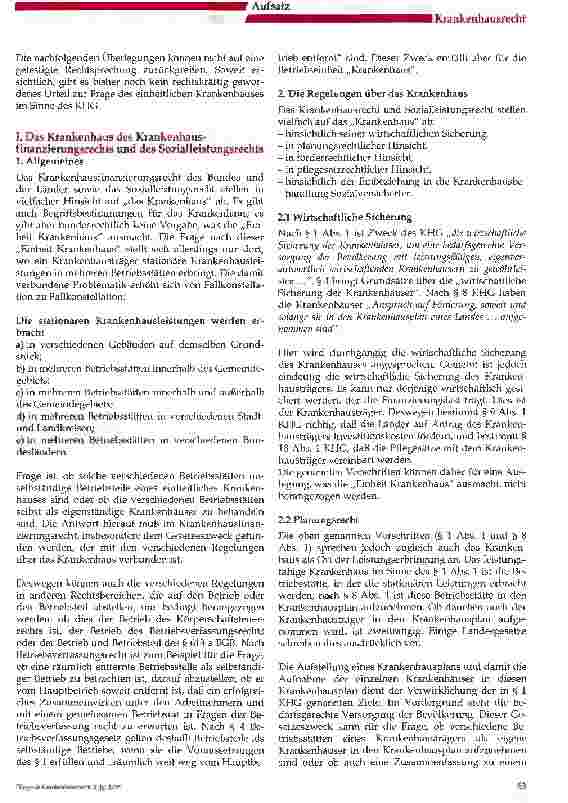 Vorschauseite 2: Das einheitliche Krankenhaus im Sinne des Krankenhausfinanzierungsgesetzes