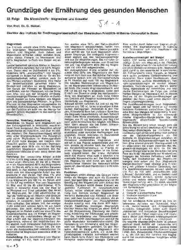 Vorschauseite 1: Grundzüge der Ernährung des gesunden Menschen 32. Folge: Die Mineralstoffe: Magnesium und Schwefel