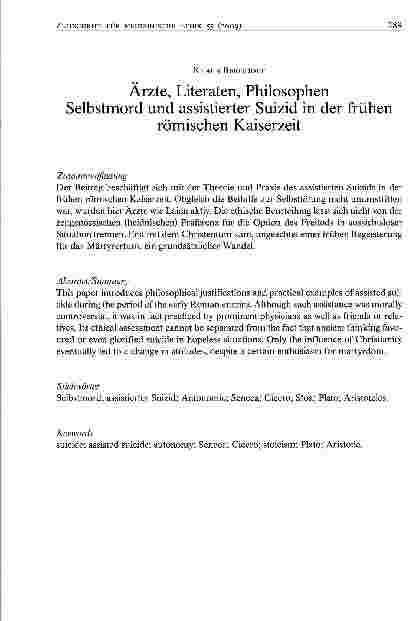 Vorschauseite 1: Ärzte, Literaten, Philosophen Selbstmord und assistierter Suizid in der frühen römischen Kaiserzeit