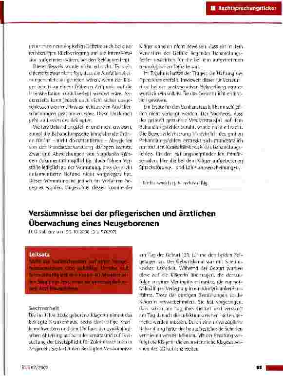 Vorschauseite 1: Versäumnisse bei der pf legerischen und ärztlichen Überwachung eines Neugeborenen
