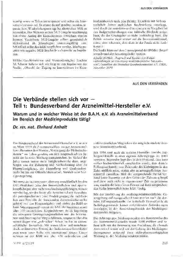 Vorschauseite 1: Die Verbände stellen sich vor -Teil I: Bundesverband der Arzneimittel-Hersteller e.V.