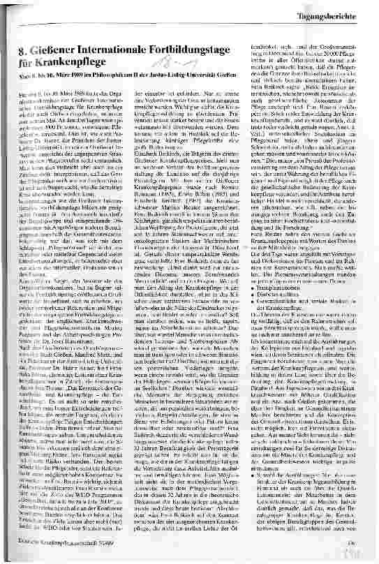 Vorschauseite 1: 8. Gießener Internationale Fortbildungstage der Krankenpflege 8. bis 10. März 1989 in der Justus-Liebig-Universität Gießen