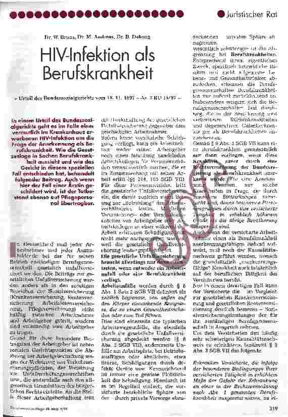 Vorschauseite 1: HIV-Infektion als Berufskrankheit Urteil des Bundessozialgerichts vom 18.11.1997
