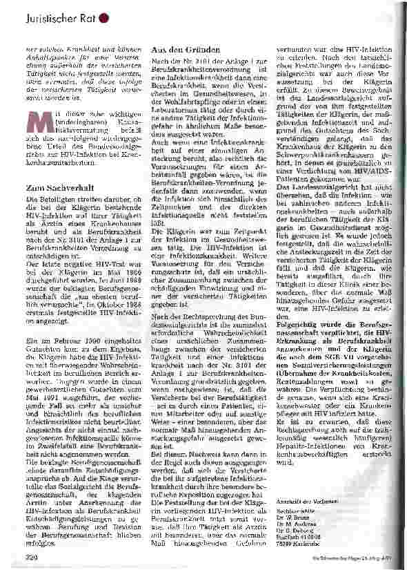 Vorschauseite 2: HIV-Infektion als Berufskrankheit Urteil des Bundessozialgerichts vom 18.11.1997